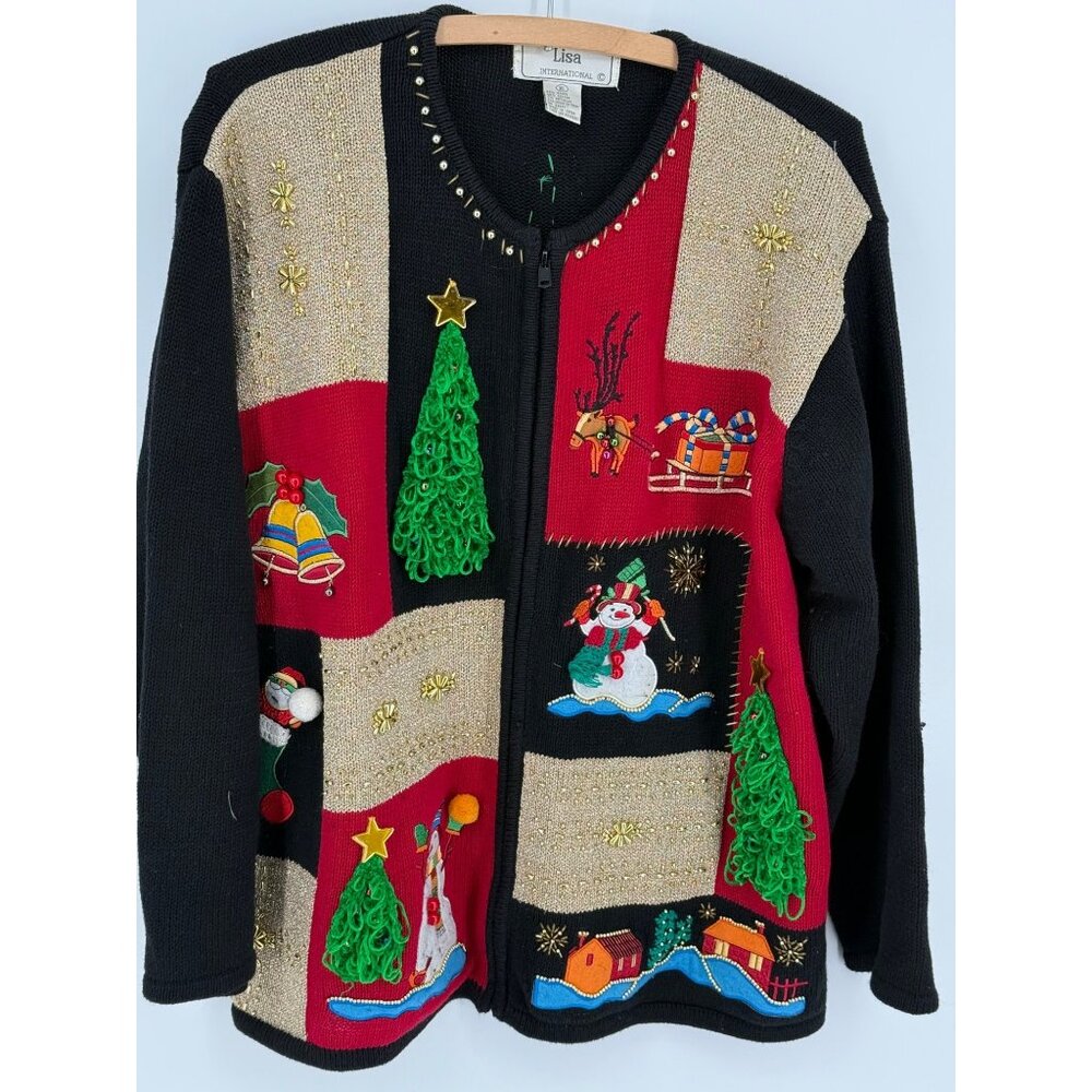 Vintage Lisa‎ International XL Christmas Cardigan Sweater Black Red Green